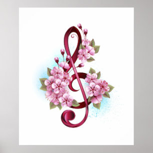 Affiche Musical treble clef notes with sakura flowers