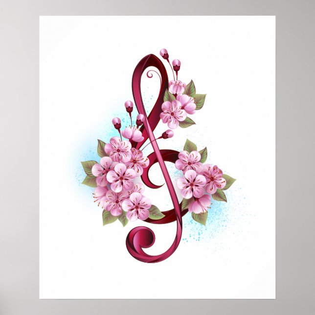 Affiche Musical treble clef notes with sakura flowers (Devant)