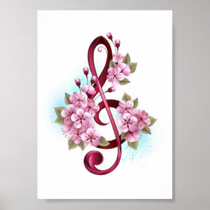 Affiche Musical treble clef notes with sakura flowers