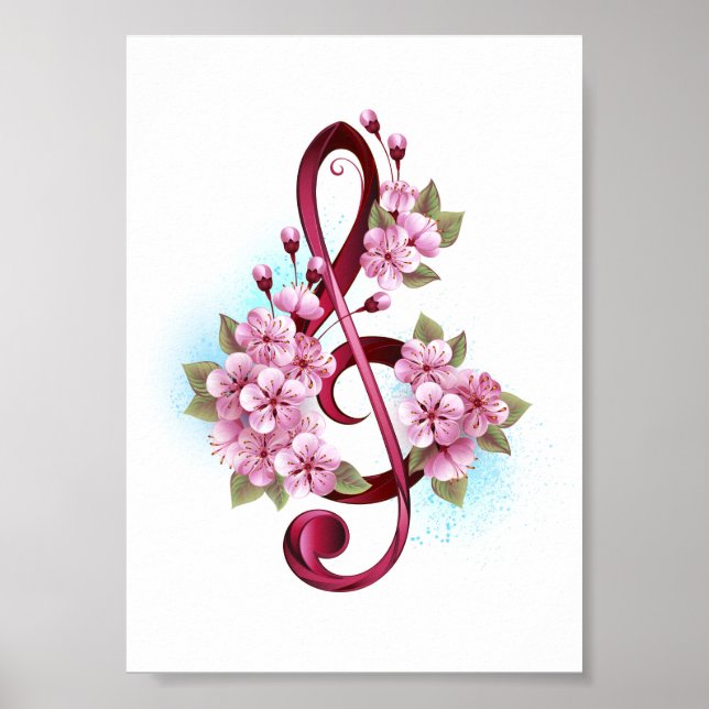 Affiche Musical treble clef notes with sakura flowers (Devant)