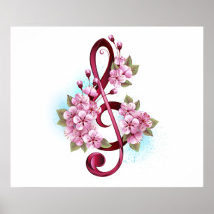 Affiche Musical treble clef notes with sakura flowers
