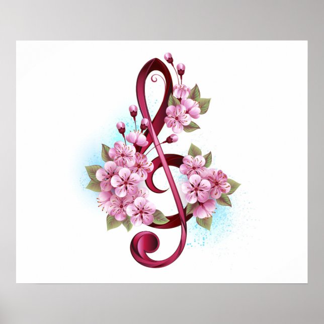 Affiche Musical treble clef notes with sakura flowers (Devant)