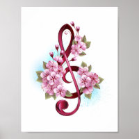 Musical treble clef notes with sakura flowers