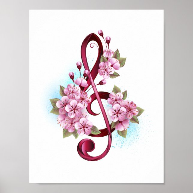 Affiche Musical treble clef notes with sakura flowers (Devant)