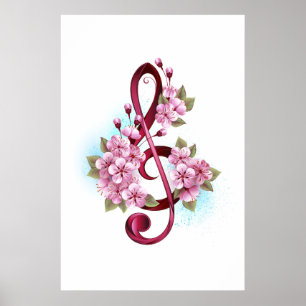Affiche Musical treble clef notes with sakura flowers