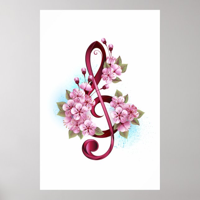 Affiche Musical treble clef notes with sakura flowers (Devant)