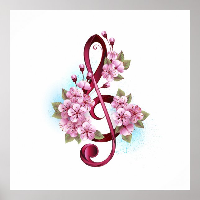 Affiche Musical treble clef notes with sakura flowers (Devant)