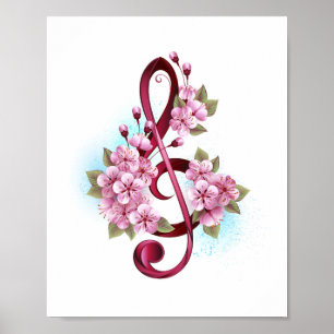 Affiche Musical treble clef notes with sakura flowers