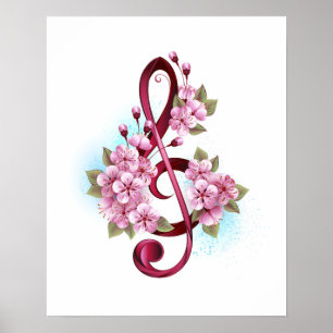 Affiche Musical treble clef notes with sakura flowers