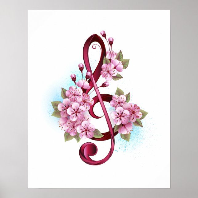 Affiche Musical treble clef notes with sakura flowers (Devant)
