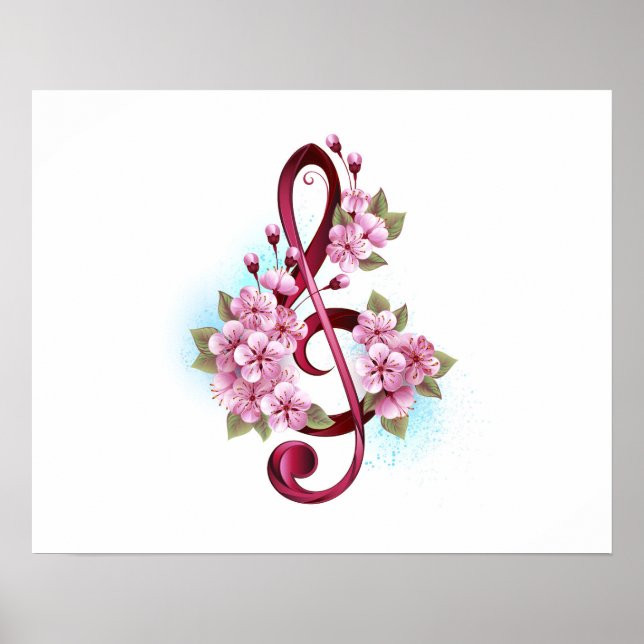 Affiche Musical treble clef notes with sakura flowers (Devant)