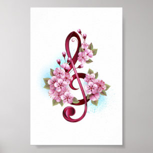 Affiche Musical treble clef notes with sakura flowers