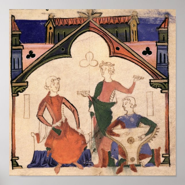 Affiche Musiciens jouant de castagnettes et d'une psalteri (Devant)