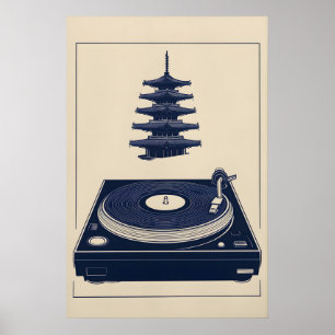 Affiche Musique Art Minimaliste Bleu Tourne-Disque Vintage