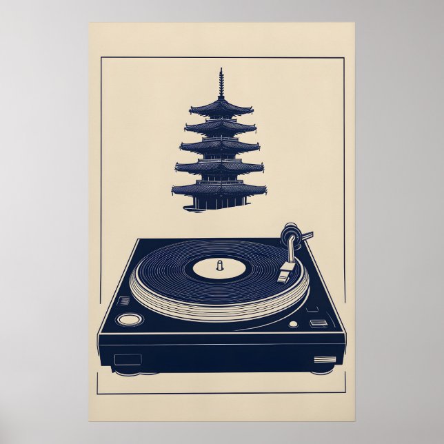 Affiche Musique Art Minimaliste Bleu Tourne-Disque Vintage (Devant)