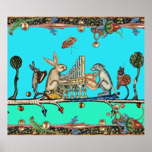 Affiche MUSIQUE BESTIAIRE MÉDIÉVAL, Lapin, Chien, Bleu