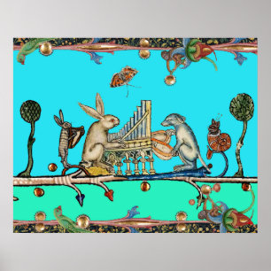 Affiche MUSIQUE BESTIAIRE MÉDIÉVAL, Lapin, Chien, Bleu