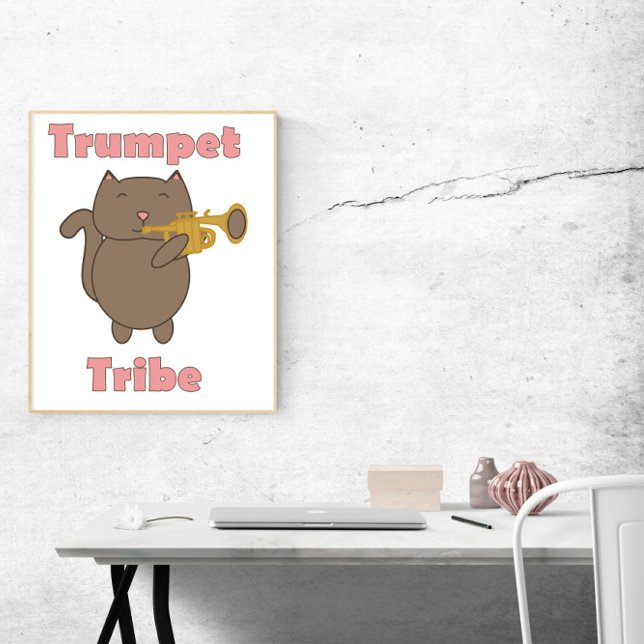 Affiche Musique de Chat Mignon de la Tribu de la Trompette (A poster featuring a brown cat playing the trumpet with the words trumpet tribe in pink.)