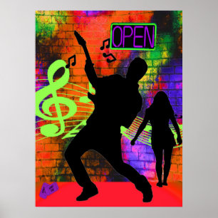 Affiche Musique Guitare Homme et fille Neon Couleurs