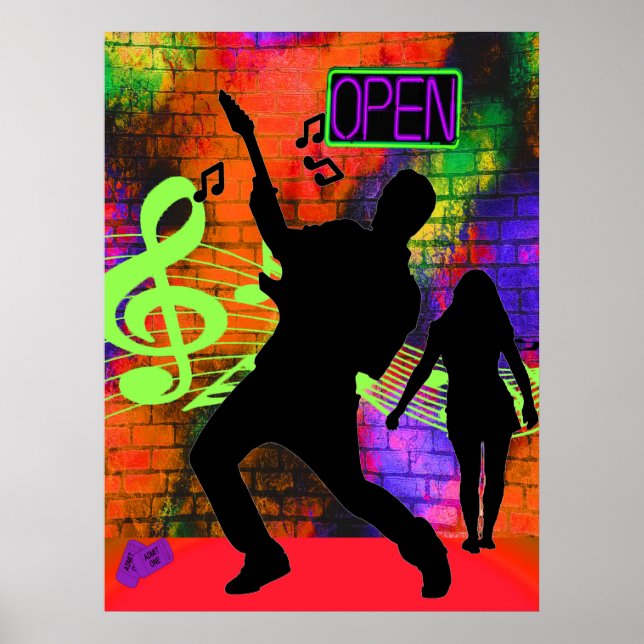 Affiche Musique Guitare Homme et fille Neon Couleurs (Devant)