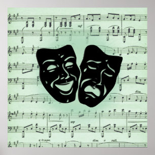 Affiche Musique verte et masques grecs de théâtre