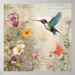 Affiche Musique vintage Floral Français Colibri Art