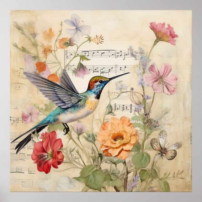 Affiche Musique vintage Floral Français Colibri Art (Devant)