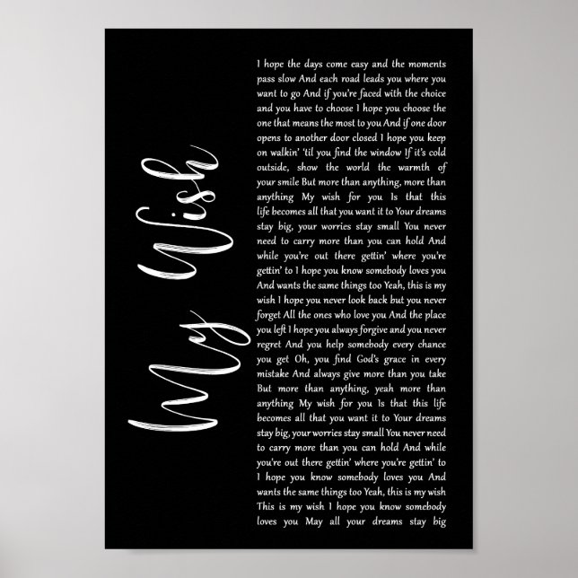 Affiche My Wish Black Script Chanson Lyric Wall Art Imprim (Devant)