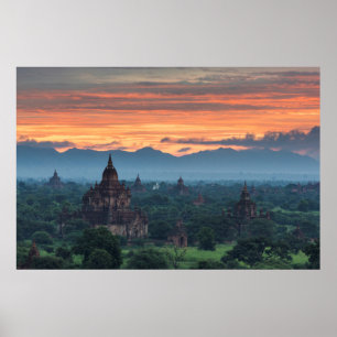 Affiche Myanmar, lever de soleil à Bagan