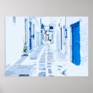 Affiche MyKonos Grèce aquarelle peinture numérique