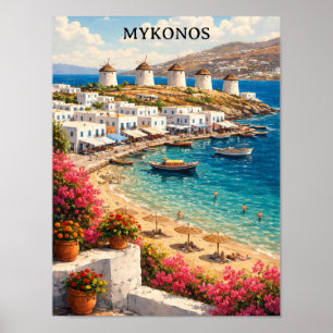 Affiche Mykonos Grèce Moulins Rétro Illustration de Voyage