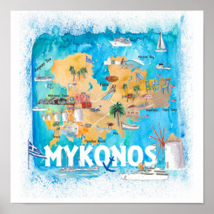Affiche Mykonos Greece Illustrated Travel Map