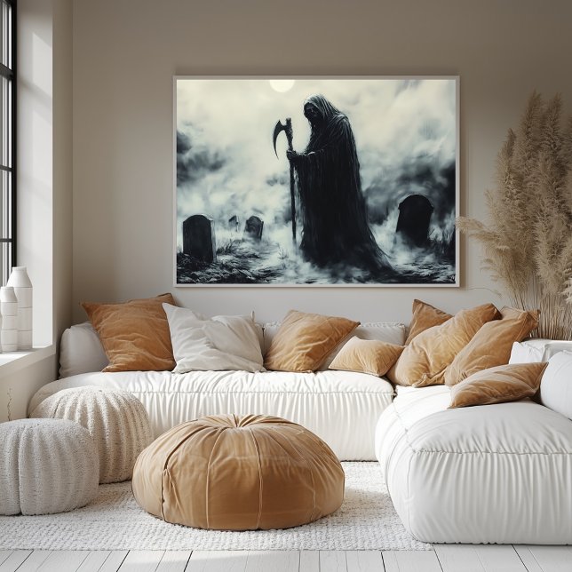 Affiche Mystérieuse Faucheuse Grim dans un cimetière Foggy (Créateur téléchargé)