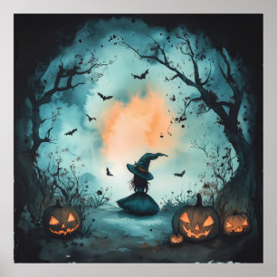 Affiche Mystérieuse petite sorcière et Jack-O'-Lantern