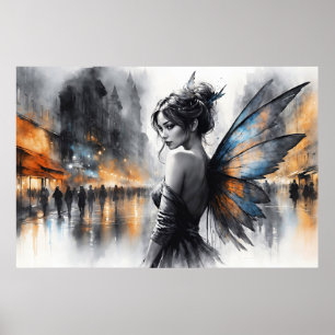 Affiche Mystérieuse ville de fées brumeuses ailes éthérées