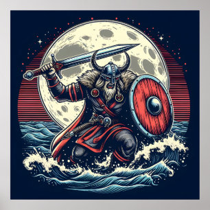 Affiche Mystic Crimson Red & White Warrier Moonlit Viking