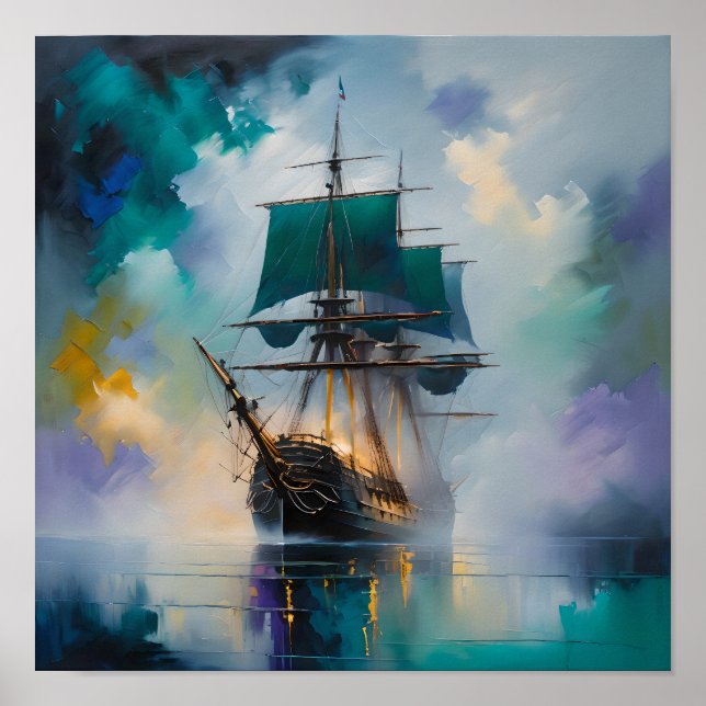 Affiche Mystic Tall Ship in Fog – Dreamlike Nautical Paint (Devant)