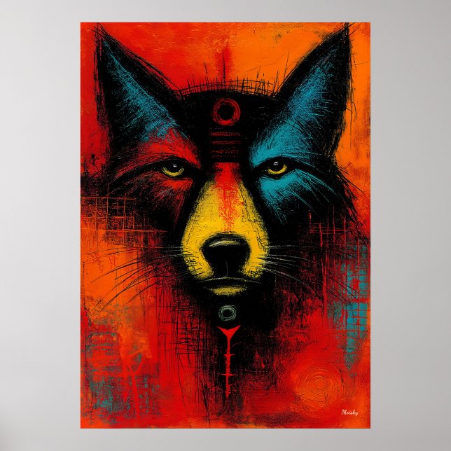 Affiche Mystic Wolf Face in Color Fields Expressionist  (Devant)