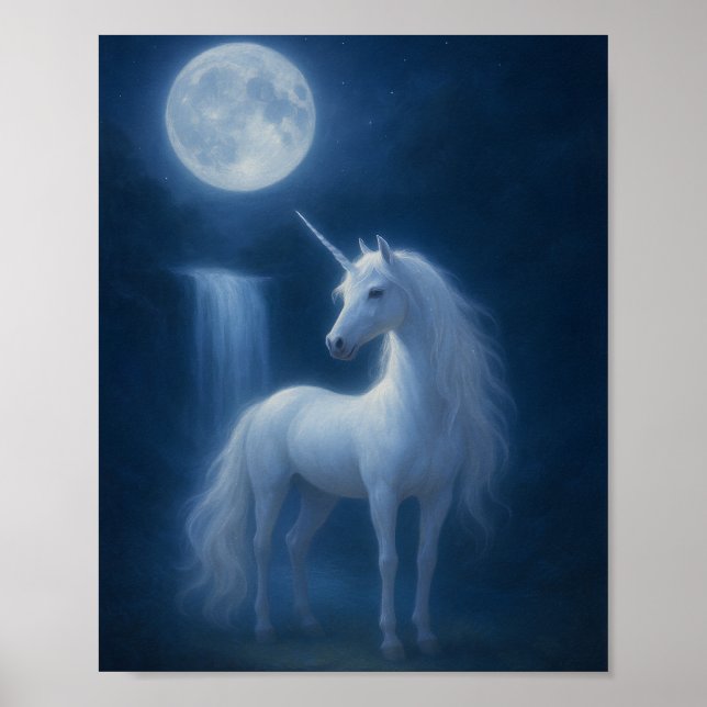 Affiche Mystical Moonlight Unicorn & Waterfall Fantasy Art (Devant)