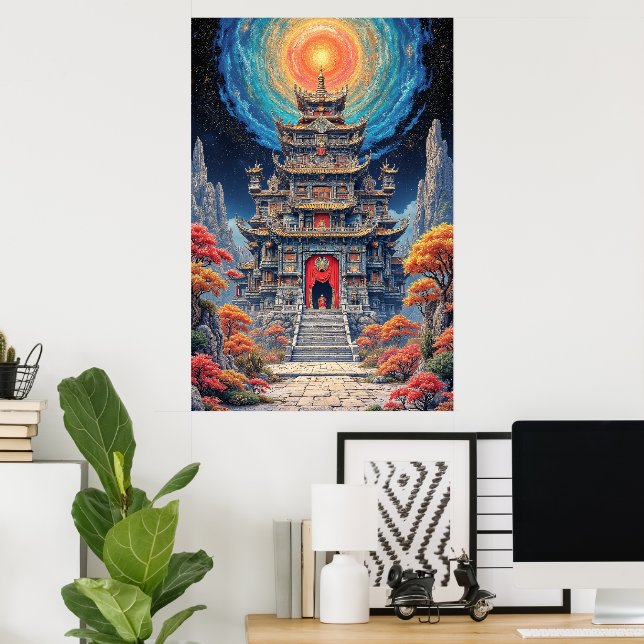 Affiche Mystical Pagoda Temple Under Celestial Sky (Bureau à domicile)
