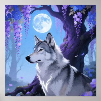 Affiche Mystical Wolf and Wisteria Moon Fantasy Art Print