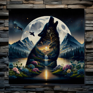 Affiche Mystical Wolf Howling at Moon Surreal Personnalisé
