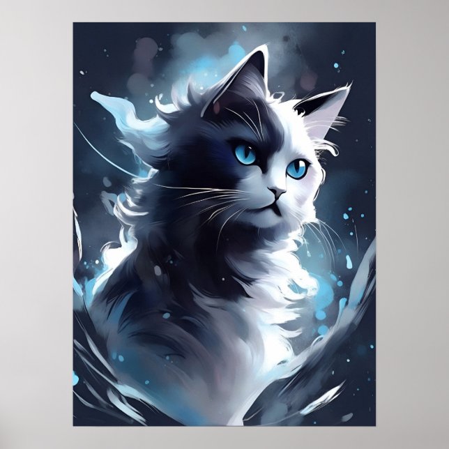 Affiche Mystique Kitten noir et blanc | Chat d'aquarelle (Devant)