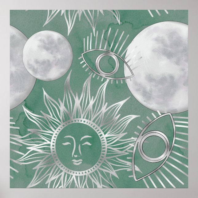 Affiche Mystique solaire | Dusty Green Silver Moon Stars S (Devant)