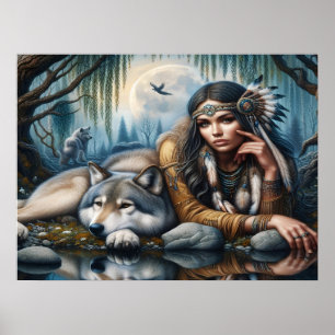Affiche Mystique Une Américaine Autochtone Avec Loups 24x1