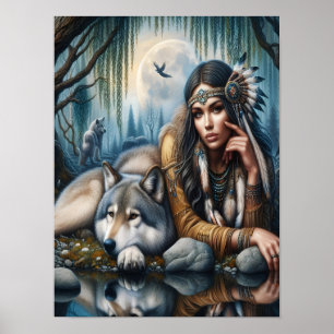Affiche Mystique Une Femme Amérindienne Avec Loups 12x16