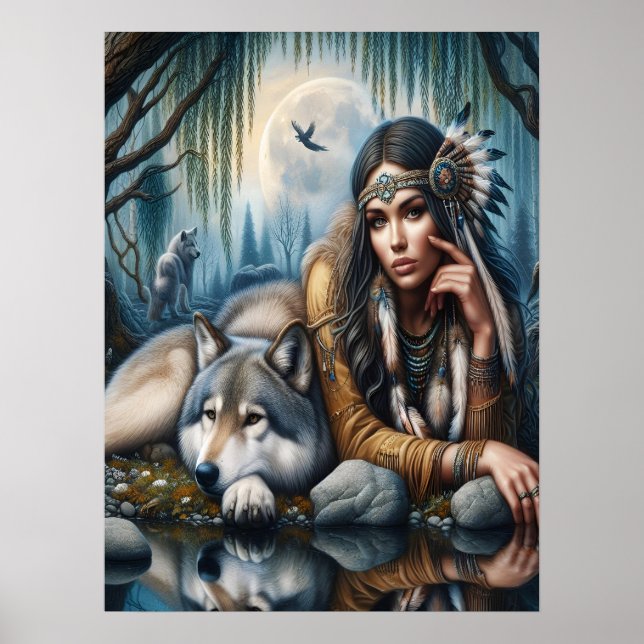 Affiche Mystique Une Femme Amérindienne Avec Loups 18x24 (Devant)