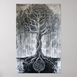 Affiche Mythologie Norse Yggdrasil Traditionnel Art Noir P