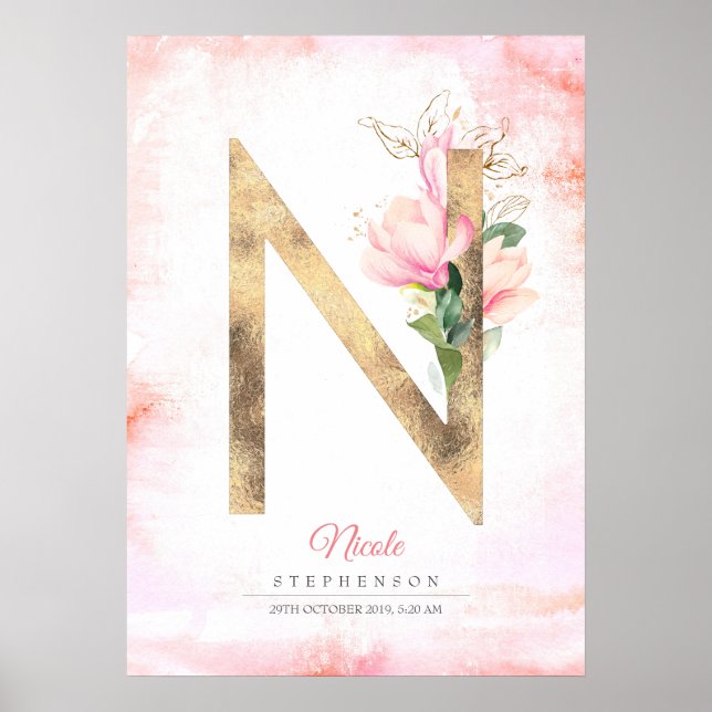 Affiche N Lettre Feuilles d'or Monogram rose Magnolia Flor (Devant)