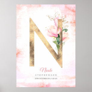 Affiche N Lettre Feuilles d'or Monogram rose Magnolia Flor